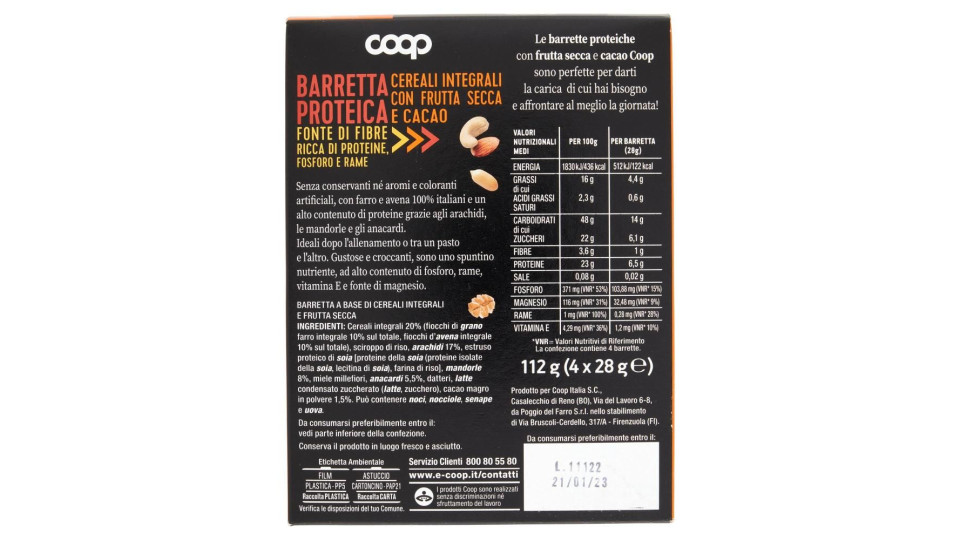 Barretta Proteica Cereali Integrali Con Frutta Secca E Cacao 4 X 28 G