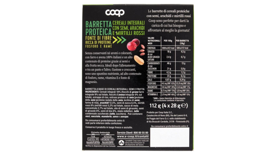 Barretta Proteica Cereali Integrali Con Semi, Arachidi E Mirtilli Rossi 4 X 28 G