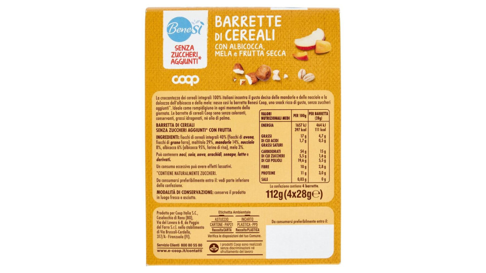 Senza Zuccheri Aggiunti* Barrette Di Cereali Con Albicocca, Mela E Frutta Secca 4 X 28 G