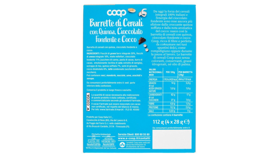 Barrette Di Cereali Con Quinoa, Cioccolato Fondente E Cocco 4 X 28 G