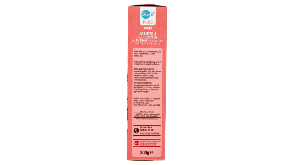 Plus Muesli Con Fiocchi Di Avena, Semi Di Lino, Semi Di Zucca E Frutta 300 G