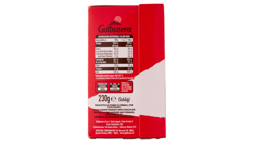 Galbusera Biscobarretta Cereali Croccanti E Cioccolato Fondente Extra 5x46 G