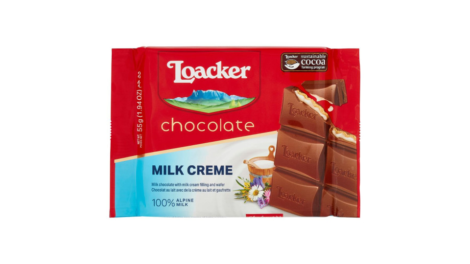 Loacker Cioccolato Milk Creme Cioccolato Al Latte Con Crema Al Latte 100% Alpino E Cialda Wafer 55g
