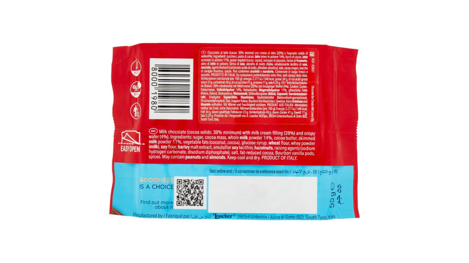 Loacker Cioccolato Milk Creme Cioccolato Al Latte Con Crema Al Latte 100% Alpino E Cialda Wafer 55g