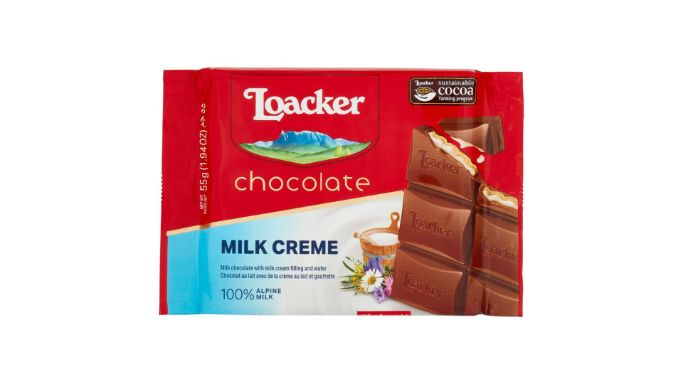 Loacker Cioccolato Milk Creme Cioccolato Al Latte Con Crema Al Latte 100% Alpino E Cialda Wafer 55g
