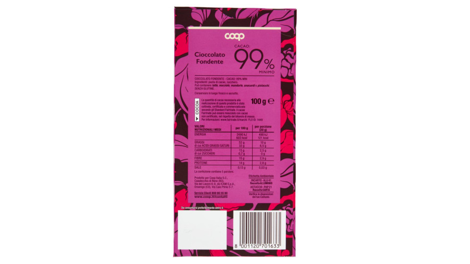 Cioccolato Fondente Cacao: 99% Minimo 100 G