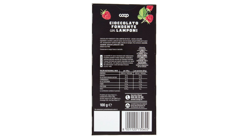 Cioccolato Fondente Con Lamponi 100 G