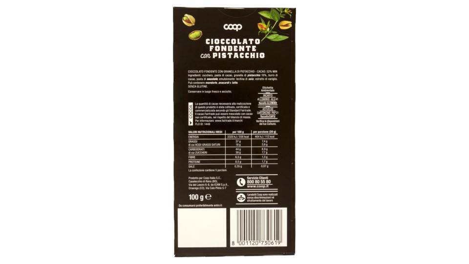 Cioccolato Fondente Con Pistacchio 100 G