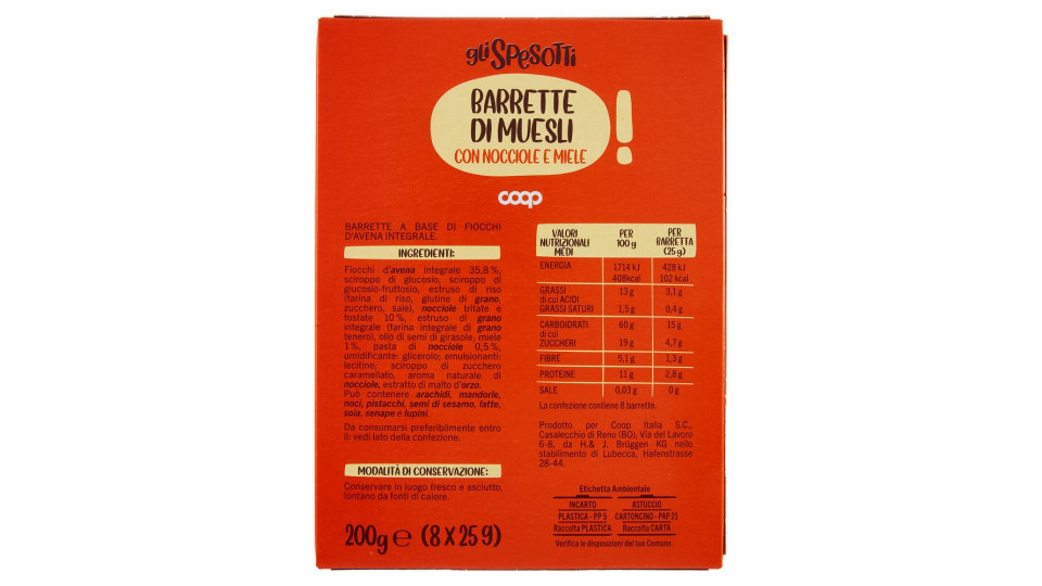 Barrette Di Muesli Con Nocciole E Miele 8 X 25 G