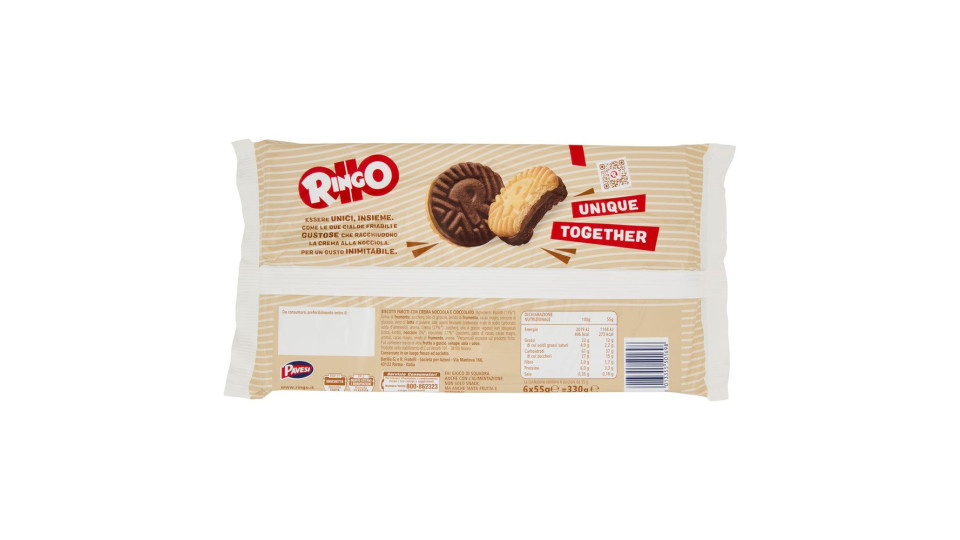 Ringo Nocciola Biscotti Farciti Con Crema Nocciola E Cioccolato Snack Merenda 6 Porzioni 330g