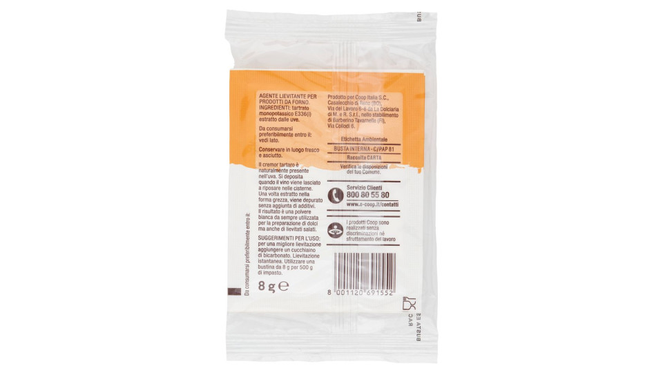 Cremor Tartaro Agente Lievitante Vegetale Per Dolci E Salati 8 G X 2 Buste