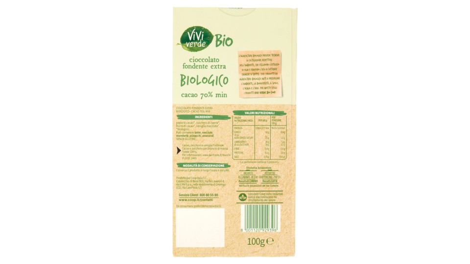 Cioccolato Fondente Extra Biologico Cacao 70% 100g