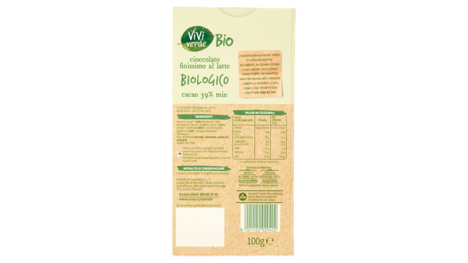 Cioccolato Finissimo Al Latte Biologico Cacao 39% 100 G