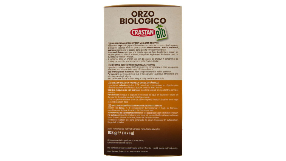 Crastan Bio Orzo Biologico Cialde Compostabili Per Macchine Espresso 18 X 6 G