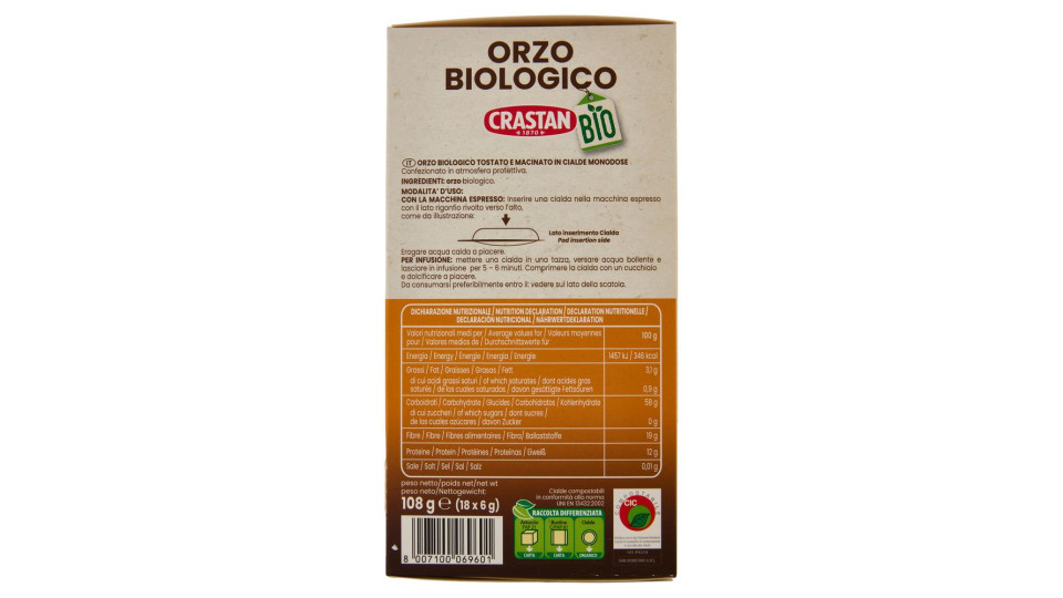 Crastan Bio Orzo Biologico Cialde Compostabili Per Macchine Espresso 18 X 6 G