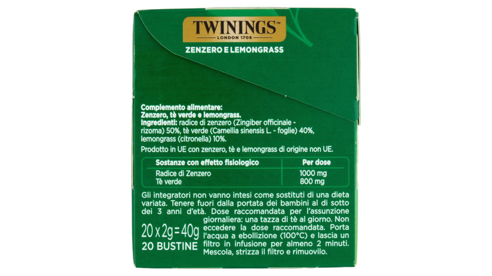 Twinings Zenzero E Lemongrass Tè Verde Aromatizzato Antiossidante E Digestivo 20 Filtri The 40 G