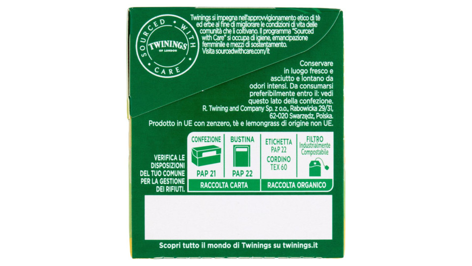 Twinings Zenzero E Lemongrass Tè Verde Aromatizzato Antiossidante E Digestivo 20 Filtri The 40 G