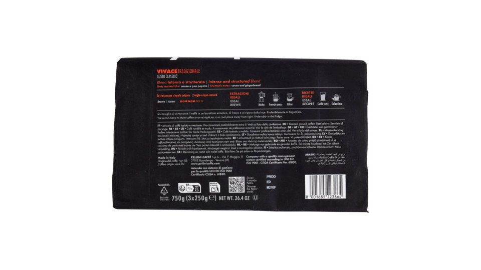 Pellini Vivace Tradizionale Gusto Classico Macinato Moka & Filtro 3 X 250 G