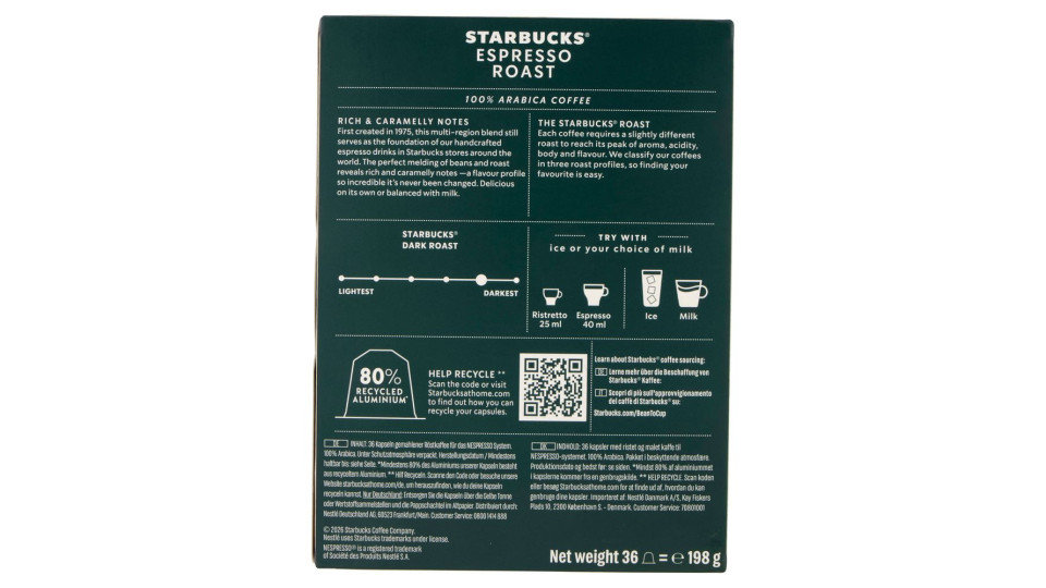 Starbucks Espresso Roast By Nespresso Caffè 36 Capsule 198g