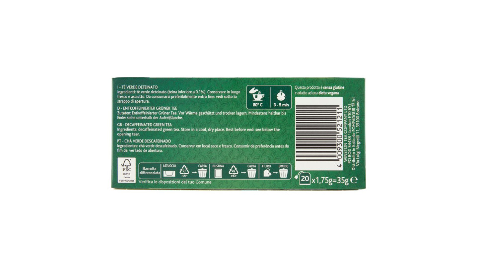 Sir Winston Tea Tè Verde Deteinato 20 X 1,75 G