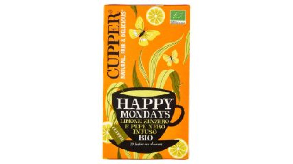 Cupper Happy Mondays Infuso Bio Con Limone, Zenzero E Pepe Nero, Tisana Speziata, 20 Bustine 45 G