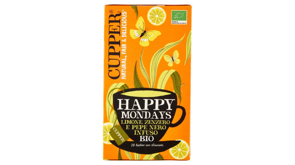 Cupper Happy Mondays Infuso Bio Con Limone, Zenzero E Pepe Nero, Tisana Speziata, 20 Bustine 45 G