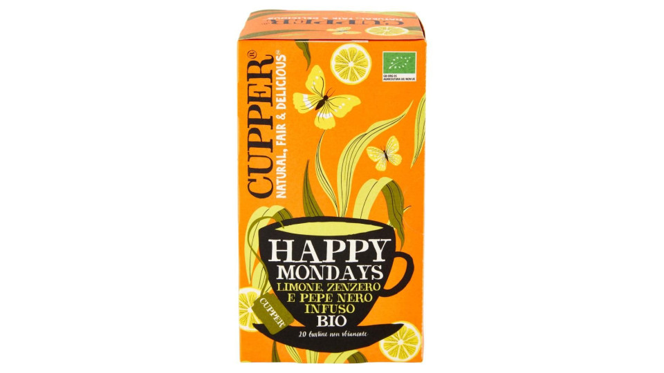 Cupper Happy Mondays Infuso Bio Con Limone, Zenzero E Pepe Nero, Tisana Speziata, 20 Bustine 45 G