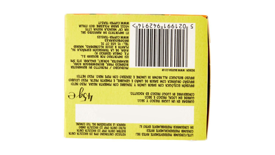 Cupper Happy Mondays Infuso Bio Con Limone, Zenzero E Pepe Nero, Tisana Speziata, 20 Bustine 45 G