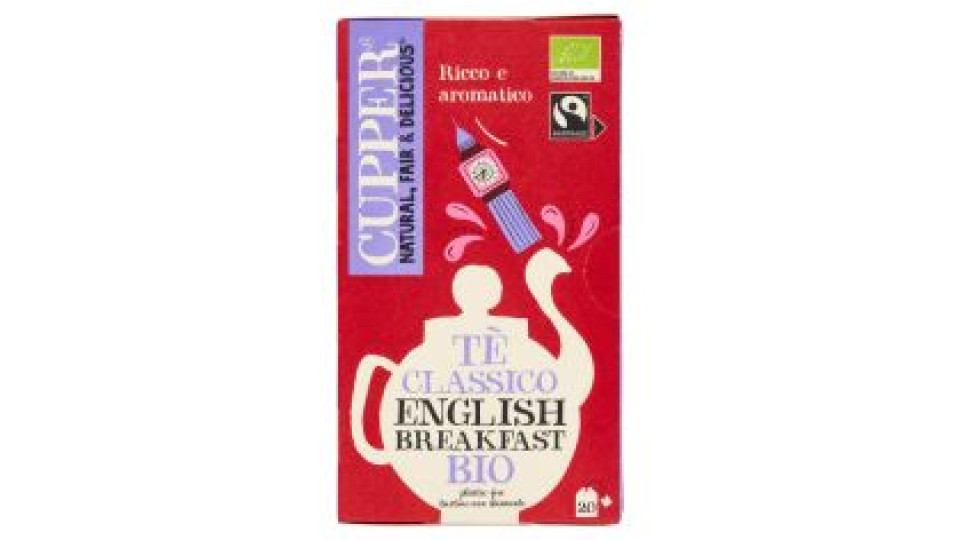 Cupper English Breakfast Tè Nero Bio Fairtrade, Tè Ceylon Pieno E Rinfrescante, 20 Bustine 44 G