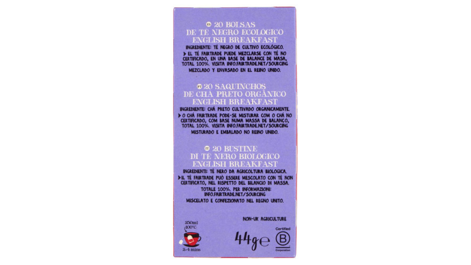 Cupper English Breakfast Tè Nero Bio Fairtrade, Tè Ceylon Pieno E Rinfrescante, 20 Bustine 44 G