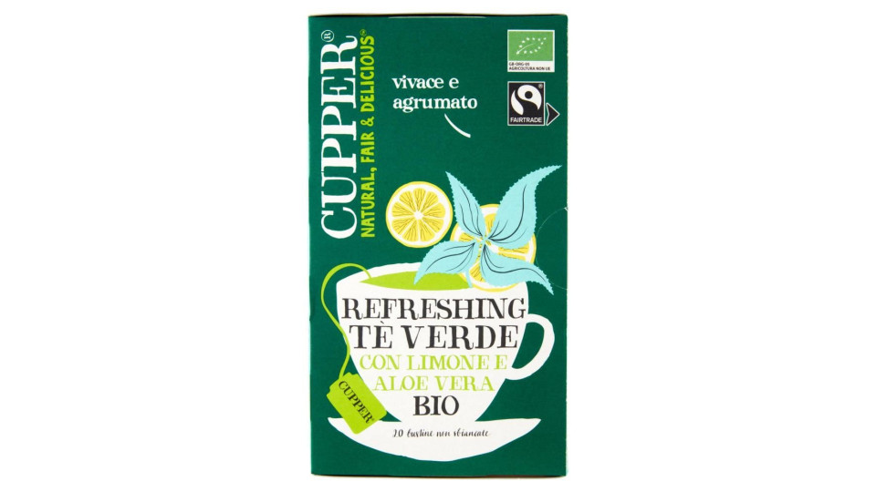 Cupper Tè Verde Al Limone Aloe Vera Bio Fairtrade, Tè Con Gusto Vivace E Agrumato, 20 Bustine 37 G