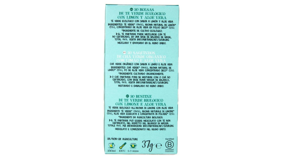 Cupper Tè Verde Al Limone Aloe Vera Bio Fairtrade, Tè Con Gusto Vivace E Agrumato, 20 Bustine 37 G