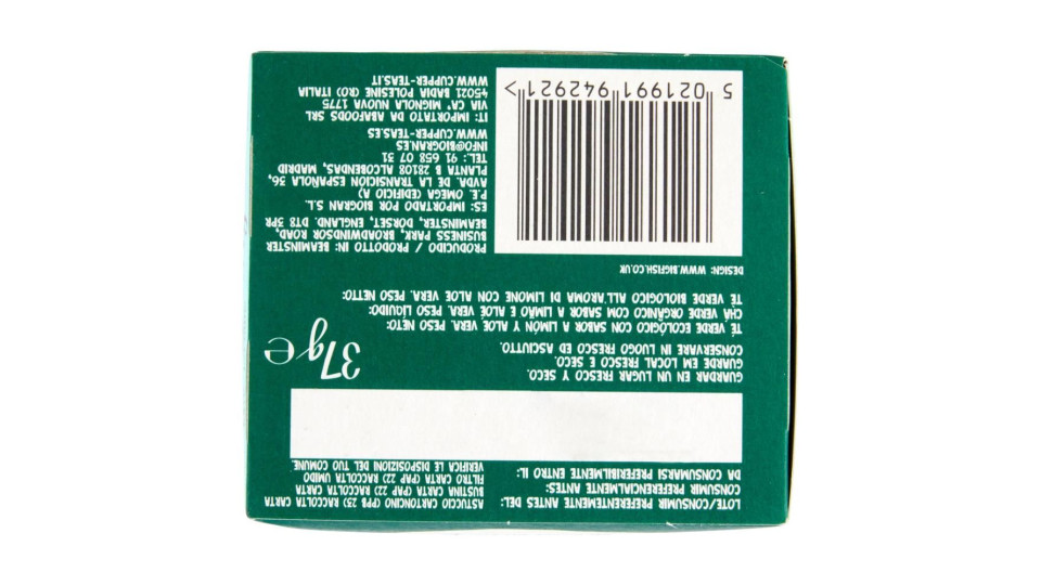Cupper Tè Verde Al Limone Aloe Vera Bio Fairtrade, Tè Con Gusto Vivace E Agrumato, 20 Bustine 37 G