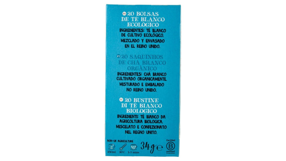 Cupper Tè Bianco Biologico, Antiossidante, Gusto Classico E Delicato, 20 Bustine 34 G