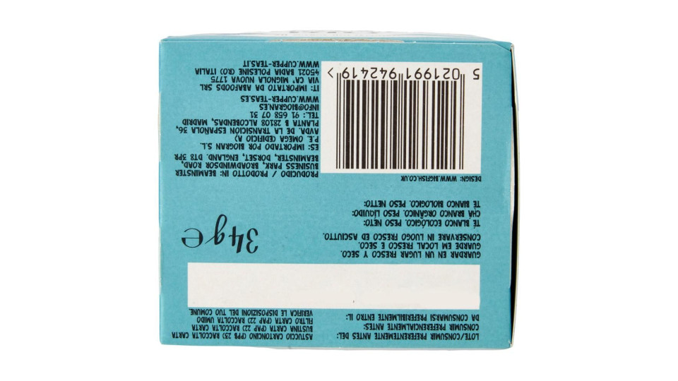 Cupper Tè Bianco Biologico, Antiossidante, Gusto Classico E Delicato, 20 Bustine 34 G