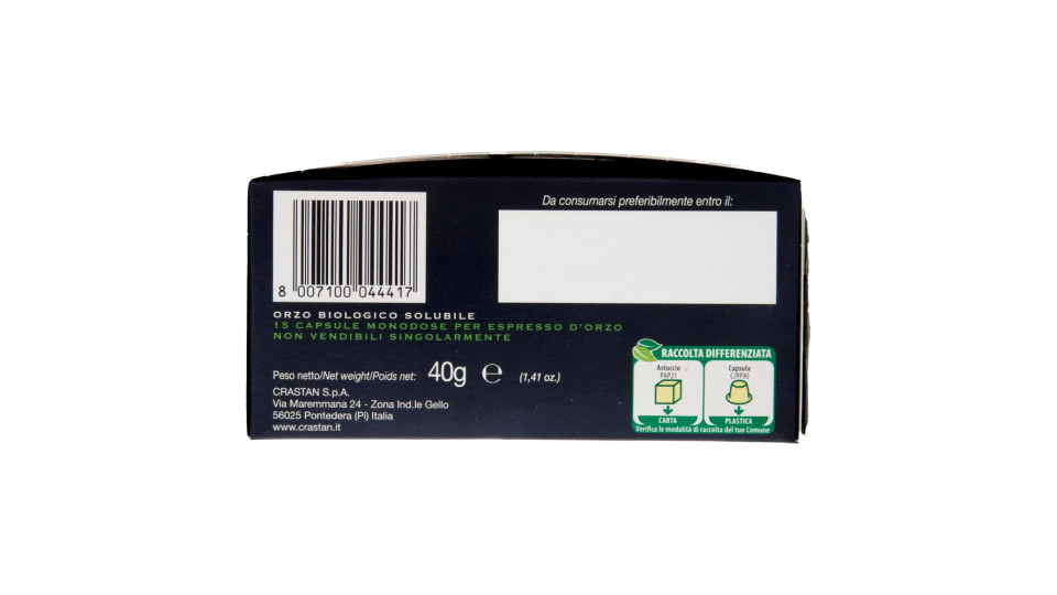 Crastan Bio Orzo Espresso Italiano 15 Capsule Compatibili Con Macchine Nespresso* 15 X 2,6 G