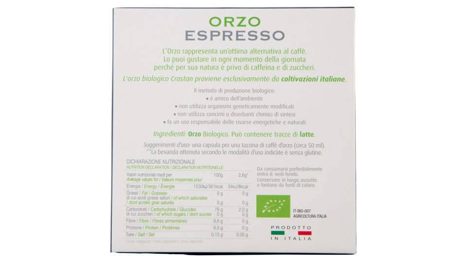 Crastan Bio Orzo Espresso Italiano 15 Capsule Compatibili Con Macchine Nespresso* 15 X 2,6 G