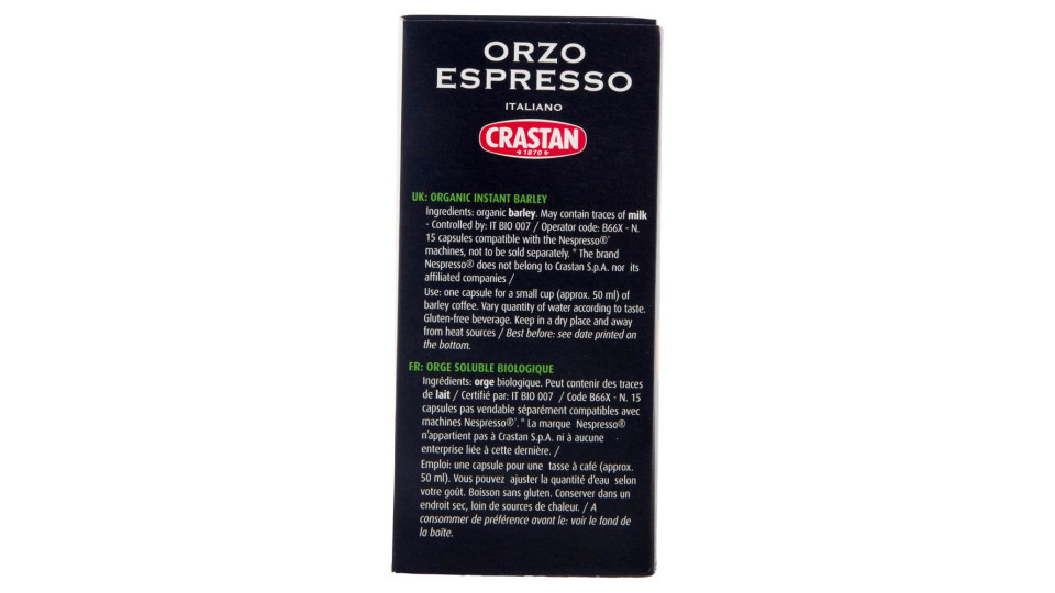 Crastan Bio Orzo Espresso Italiano 15 Capsule Compatibili Con Macchine Nespresso* 15 X 2,6 G