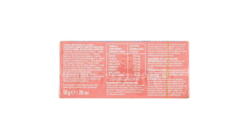 Plus Tisana Detox Ortica, Cicoria, Tarassaco, Sambuco, Ginepro, Ribes Nero E Limone 20 Filtri 50 G
