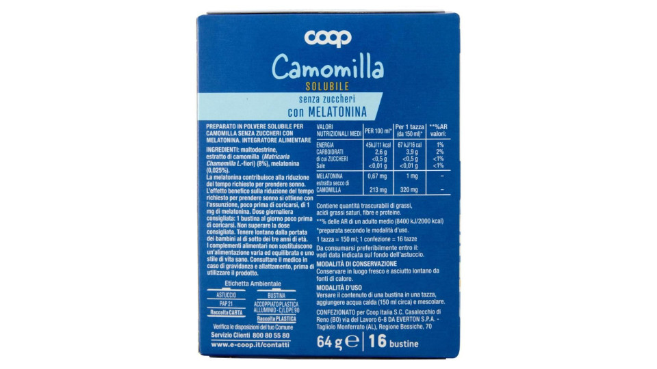 Camomilla Solubile Senza Zuccheri Con Melatonina 16 Bustine 64 G