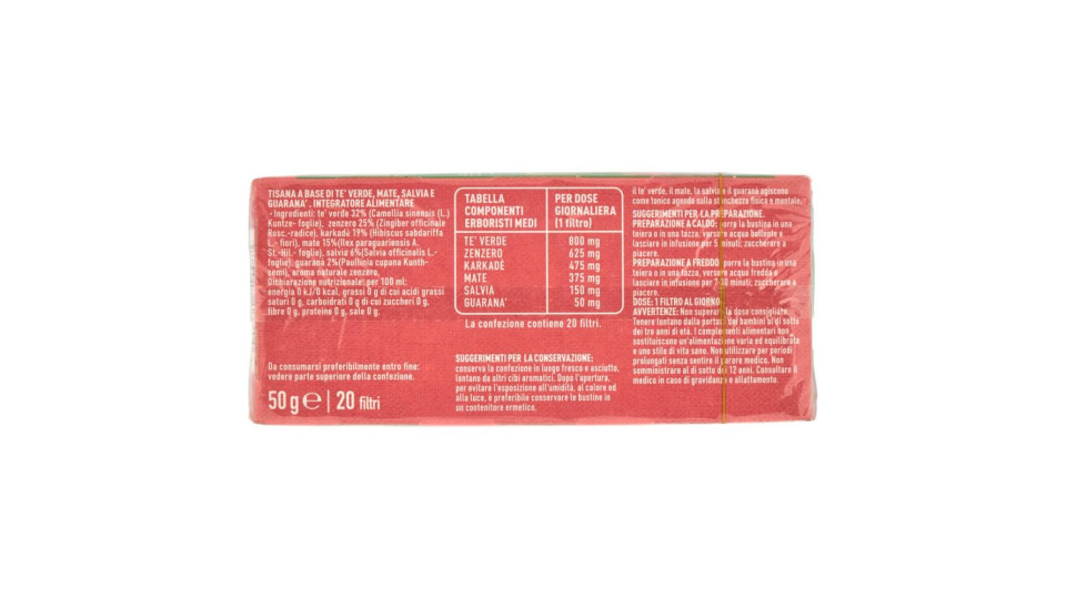 Plus Tisana Energizzante A Base Di Tè Verde, Mate, Salvia E Guaranà 20 Filtri 50 G