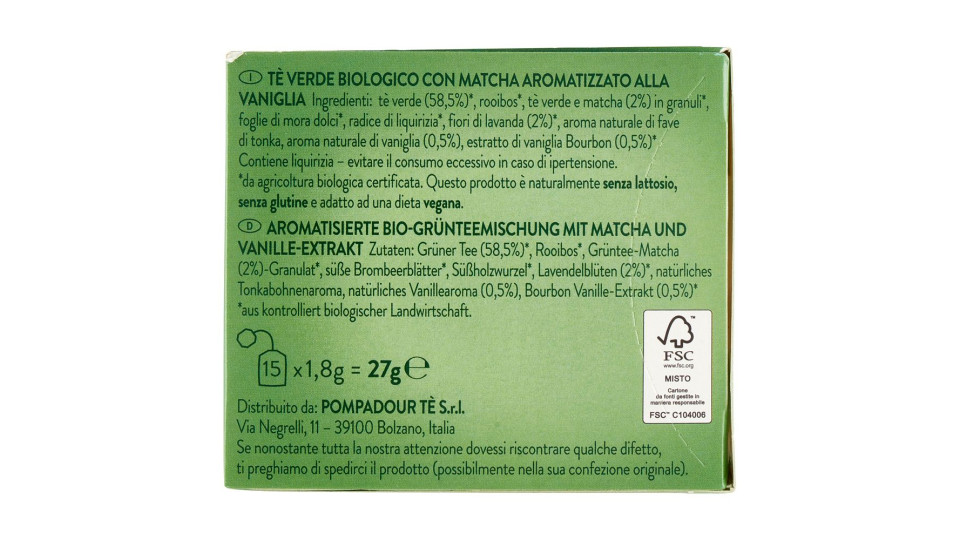 Pompadour Namaste Tè Ayurvedico Biologico Tè Verde Con Matcha 15 X 1,8 G