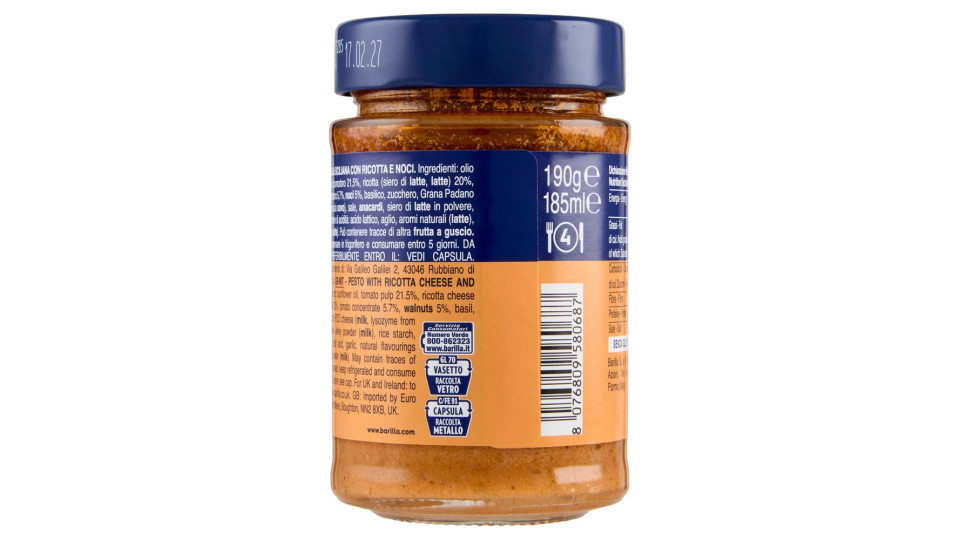Barilla Pesto Ricotta E Noci Condimento E Sugo Per Pasta 190 G