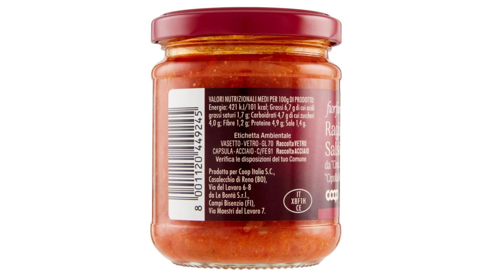 Ragù Con Salsiccia Da 'cinta Senese D.o.p.' E Con 'cipolla Rossa Di Tropea Calabria I.g.p.' 180 G