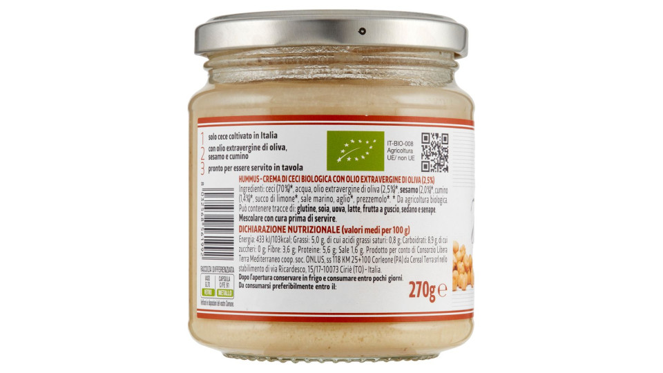 Libera Terra Il Giusto Gusto Dei Legumi Hummus Crema Di Ceci Bio 270 G