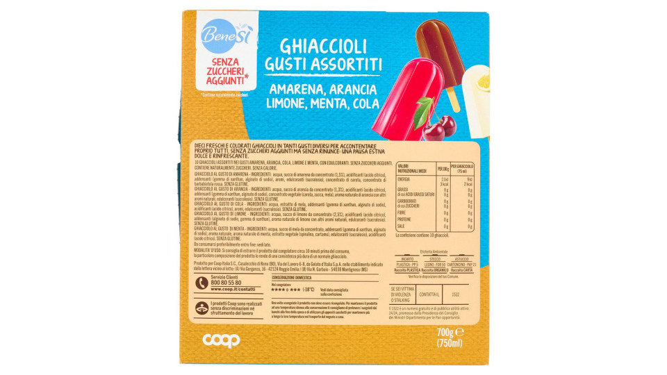 Ghiaccioli Gusti Assortiti Amarena, Arancia, Limone, Menta, Cola Senza Zuccheri Aggiunti* 10 X 75 Ml