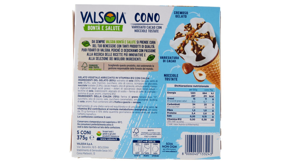 Valsoia Bontà E Salute Cono Variegato Cacao Con Nocciole Tostate 5 X 75 G