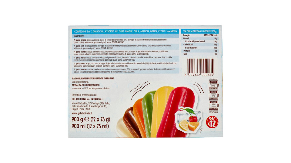 Indianino Ghiaccioli Ai Gusti Di Limone, Cola, Arancia, Menta, Cedro E Amarena 12 X 75 G
