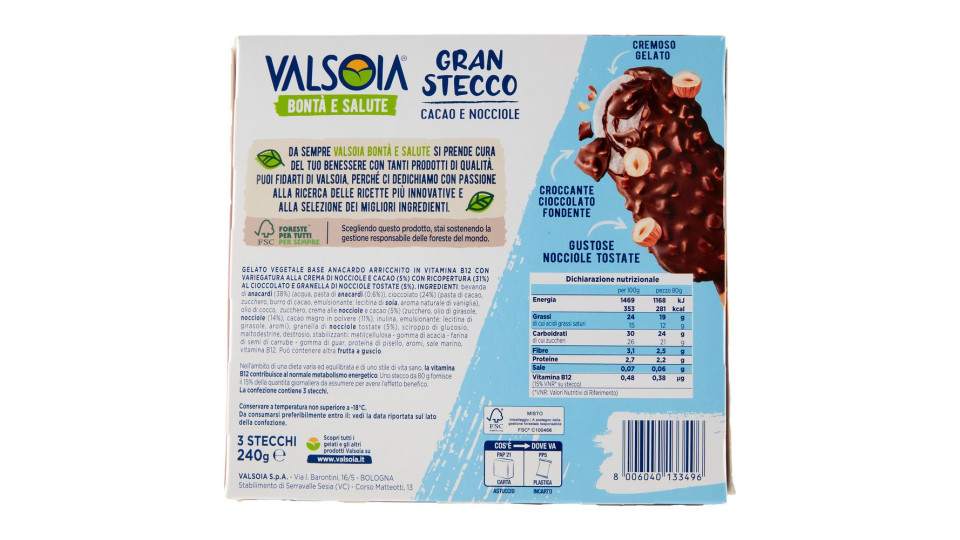 Valsoia Bontà E Salute Gran Stecco Cacao E Nocciole 3 X 80 G