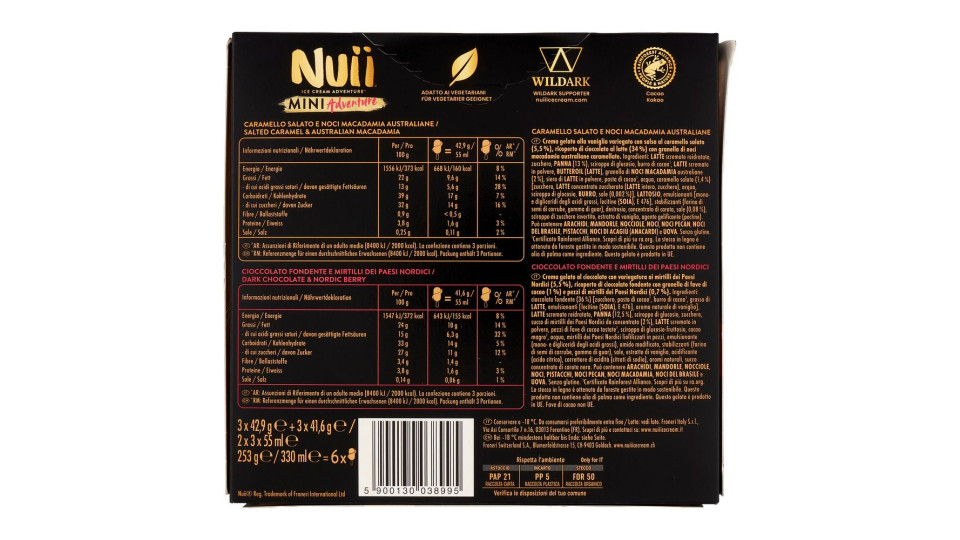 Nuii Mini Adventure Caramello Salato E Noci Macadamia E Cioccolato Fondente E Mirtilli 6 Gelati 253g